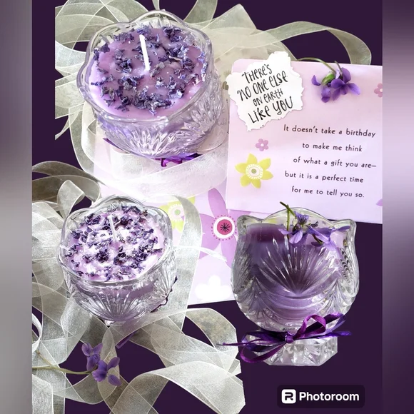 SOLD Candle 2 Soy-Wax Lucky in Love My Wish my Flower petals blended New Purples - Picture 2 of 8
